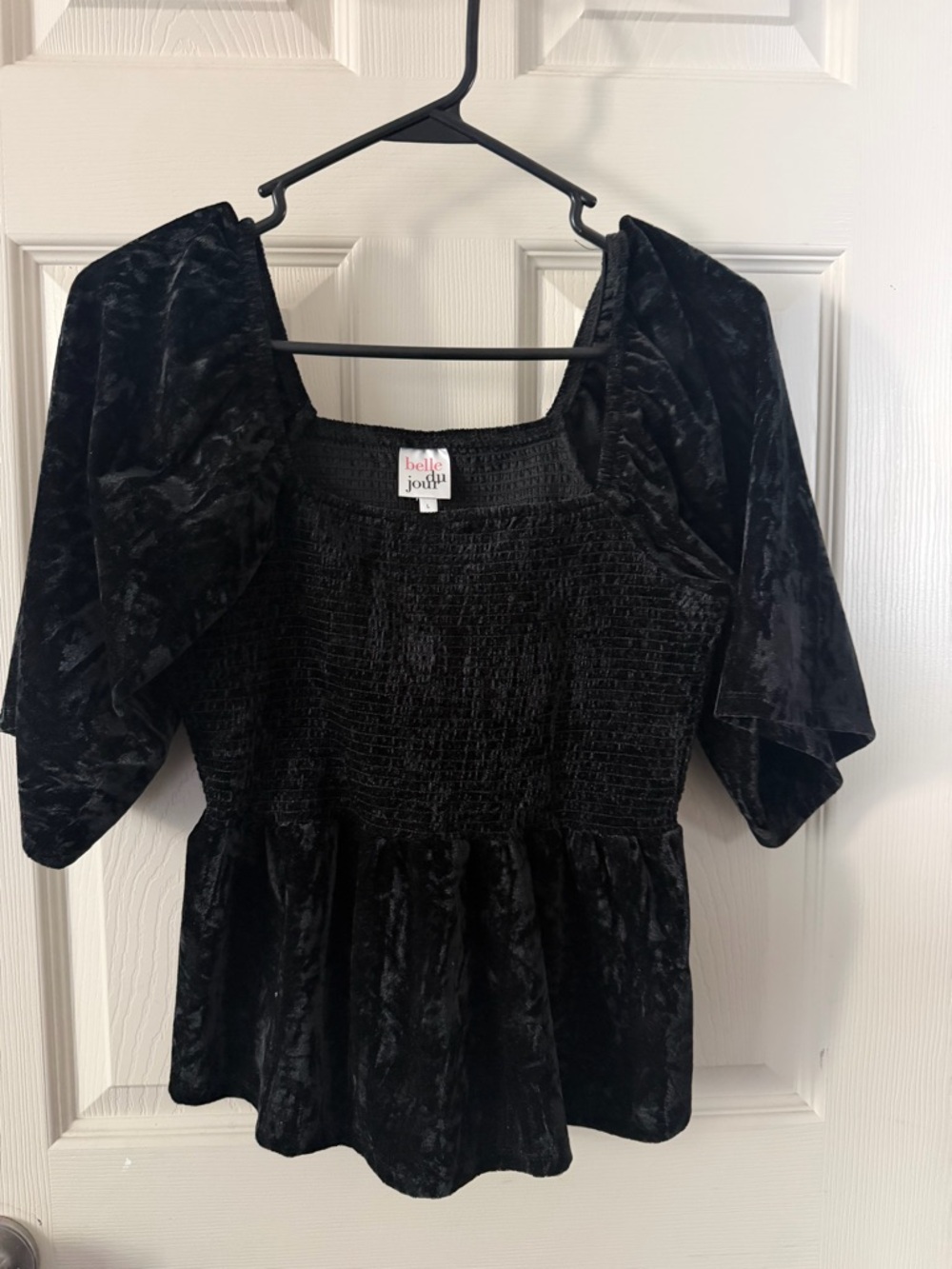 Belle Du Jour Black Velvet Smocked Peplum Blouse